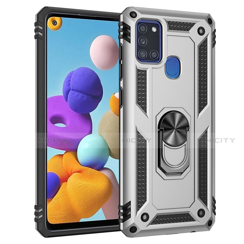 Funda Bumper Silicona y Plastico Mate Carcasa con Magnetico Anillo de dedo Soporte S01 para Samsung Galaxy A21s Plata