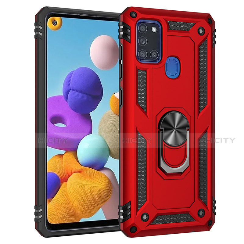 Funda Bumper Silicona y Plastico Mate Carcasa con Magnetico Anillo de dedo Soporte S01 para Samsung Galaxy A21s Rojo