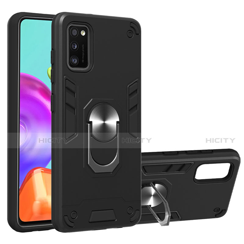 Funda Bumper Silicona y Plastico Mate Carcasa con Magnetico Anillo de dedo Soporte S01 para Samsung Galaxy A41 Negro