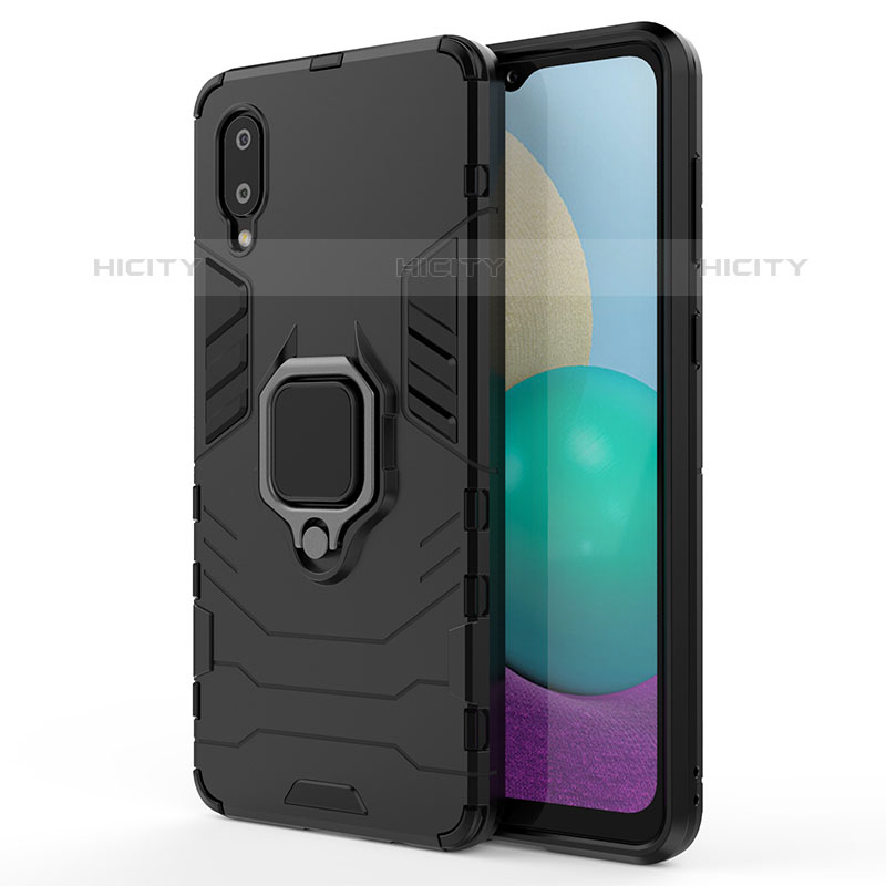 Funda Bumper Silicona y Plastico Mate Carcasa con Magnetico Anillo de dedo Soporte S01 para Samsung Galaxy M02 Negro