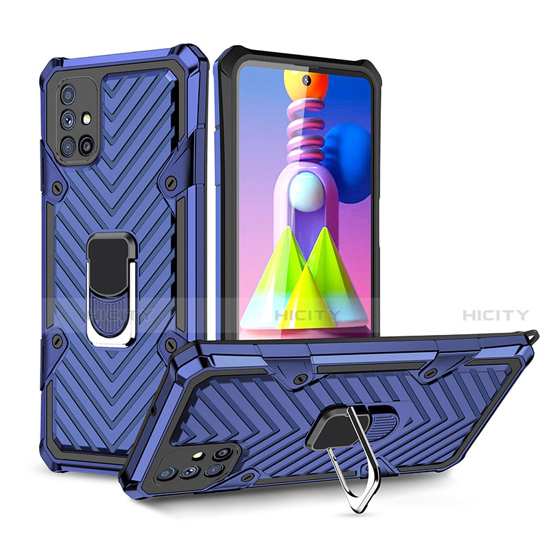 Funda Bumper Silicona y Plastico Mate Carcasa con Magnetico Anillo de dedo Soporte S01 para Samsung Galaxy M51 Azul