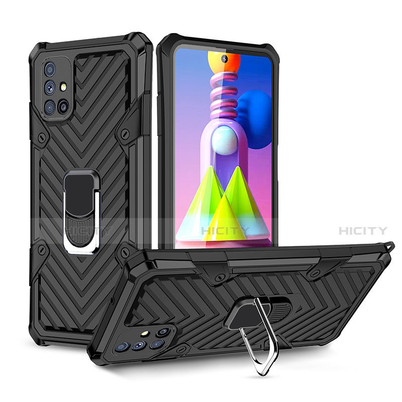 Funda Bumper Silicona y Plastico Mate Carcasa con Magnetico Anillo de dedo Soporte S01 para Samsung Galaxy M51 Negro