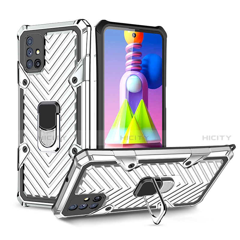 Funda Bumper Silicona y Plastico Mate Carcasa con Magnetico Anillo de dedo Soporte S01 para Samsung Galaxy M51 Plata