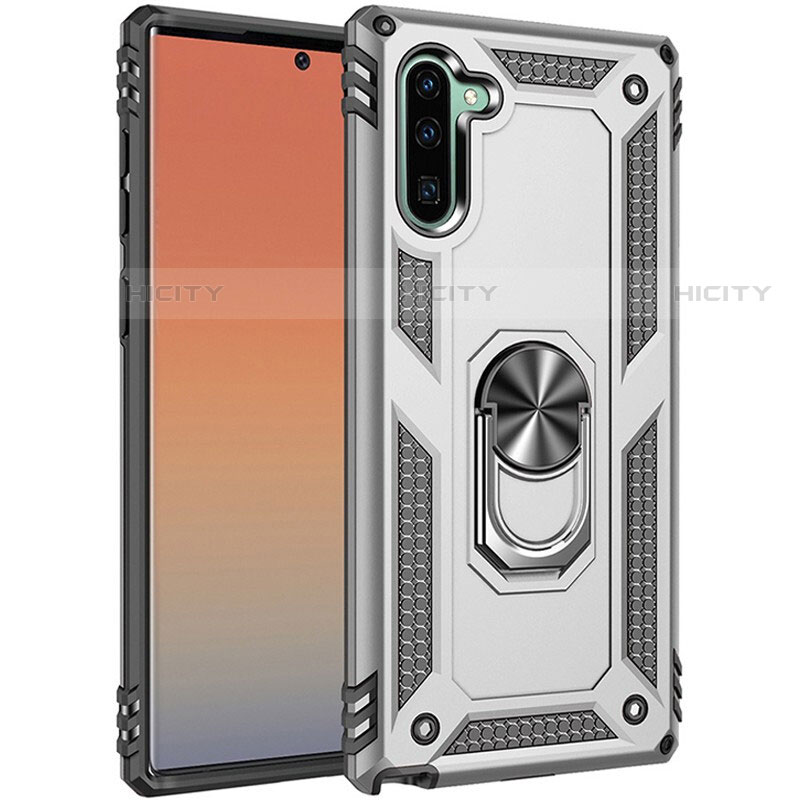 Funda Bumper Silicona y Plastico Mate Carcasa con Magnetico Anillo de dedo Soporte S01 para Samsung Galaxy Note 10 5G Plata