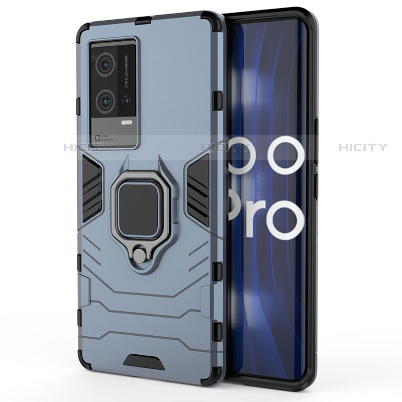 Funda Bumper Silicona y Plastico Mate Carcasa con Magnetico Anillo de dedo Soporte S01 para Vivo iQOO 8 Pro 5G Azul