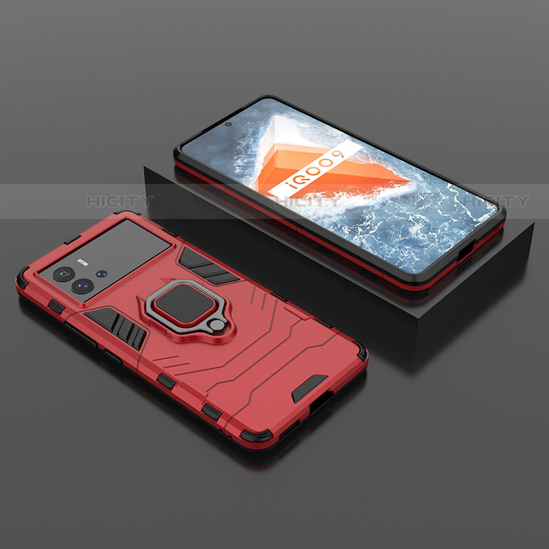 Funda Bumper Silicona y Plastico Mate Carcasa con Magnetico Anillo de dedo Soporte S01 para Vivo iQOO 9 5G Rojo