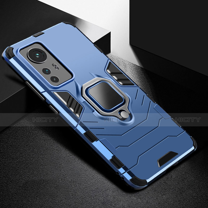 Funda Bumper Silicona y Plastico Mate Carcasa con Magnetico Anillo de dedo Soporte S01 para Xiaomi Mi 12 5G Azul