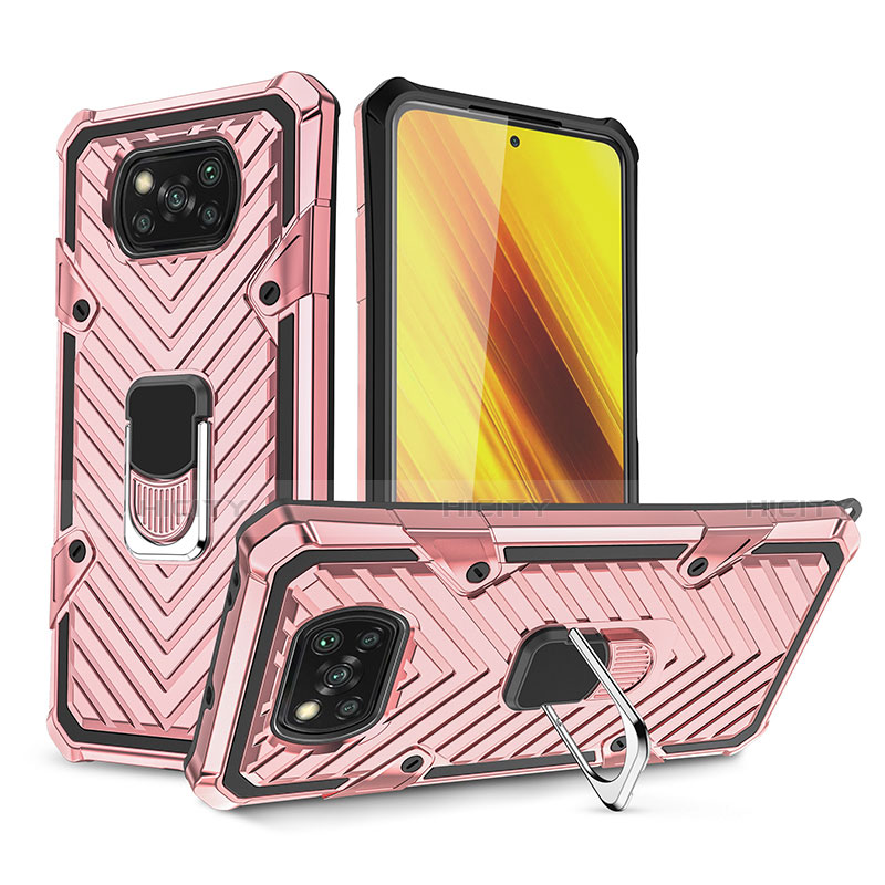 Funda Bumper Silicona y Plastico Mate Carcasa con Magnetico Anillo de dedo Soporte S01 para Xiaomi Poco X3 NFC Oro Rosa