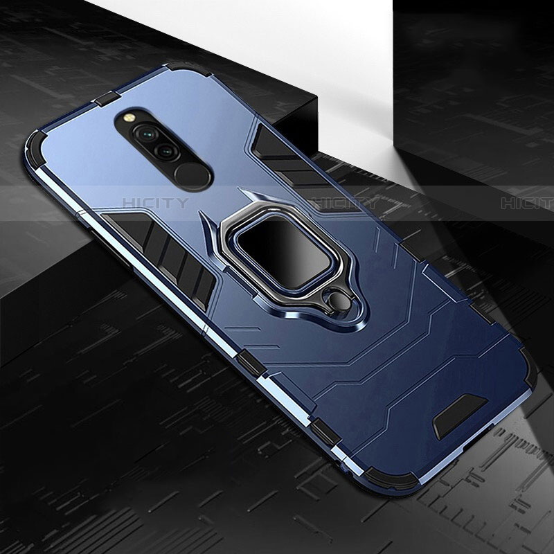 Funda Bumper Silicona y Plastico Mate Carcasa con Magnetico Anillo de dedo Soporte S01 para Xiaomi Redmi 8 Azul