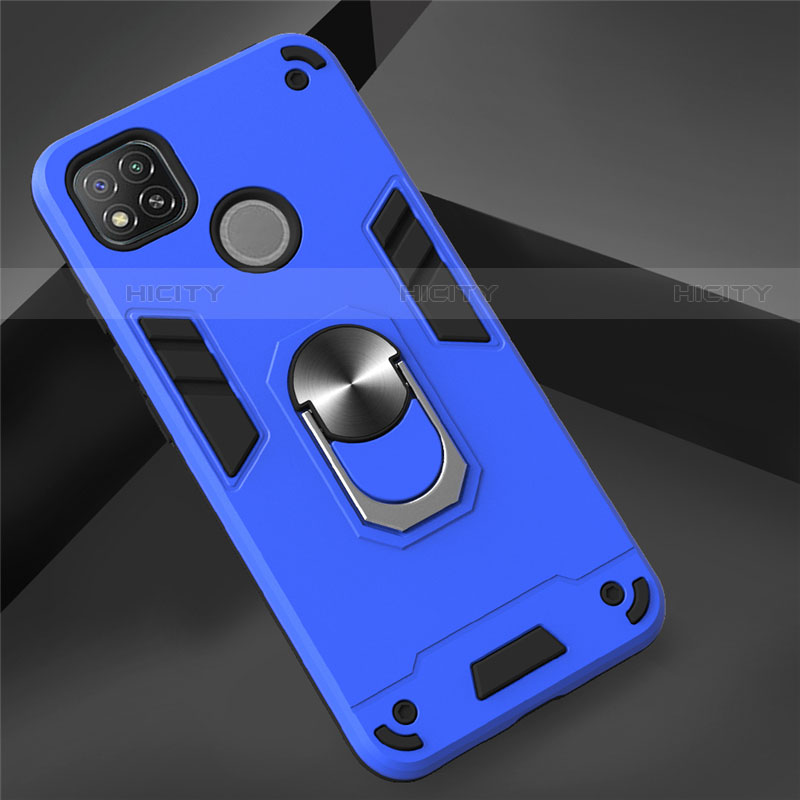 Funda Bumper Silicona y Plastico Mate Carcasa con Magnetico Anillo de dedo Soporte S01 para Xiaomi Redmi 9 India Azul