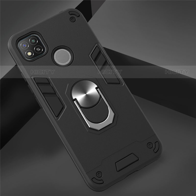 Funda Bumper Silicona y Plastico Mate Carcasa con Magnetico Anillo de dedo Soporte S01 para Xiaomi Redmi 9 India Negro