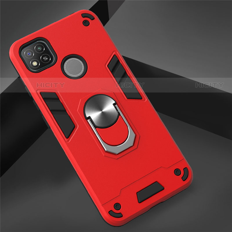 Funda Bumper Silicona y Plastico Mate Carcasa con Magnetico Anillo de dedo Soporte S01 para Xiaomi Redmi 9 India Rojo