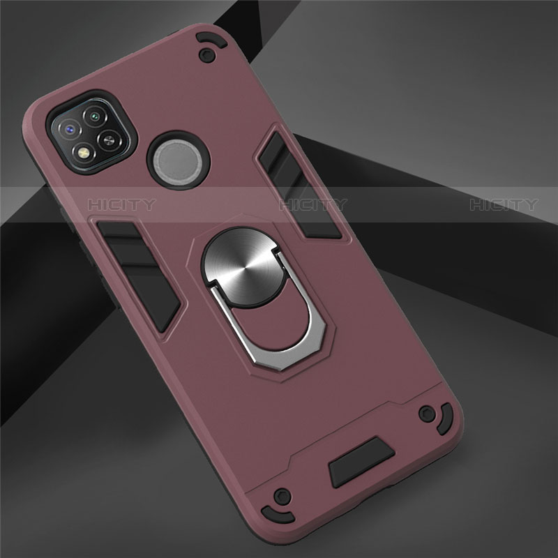 Funda Bumper Silicona y Plastico Mate Carcasa con Magnetico Anillo de dedo Soporte S01 para Xiaomi Redmi 9 India Rojo Rosa