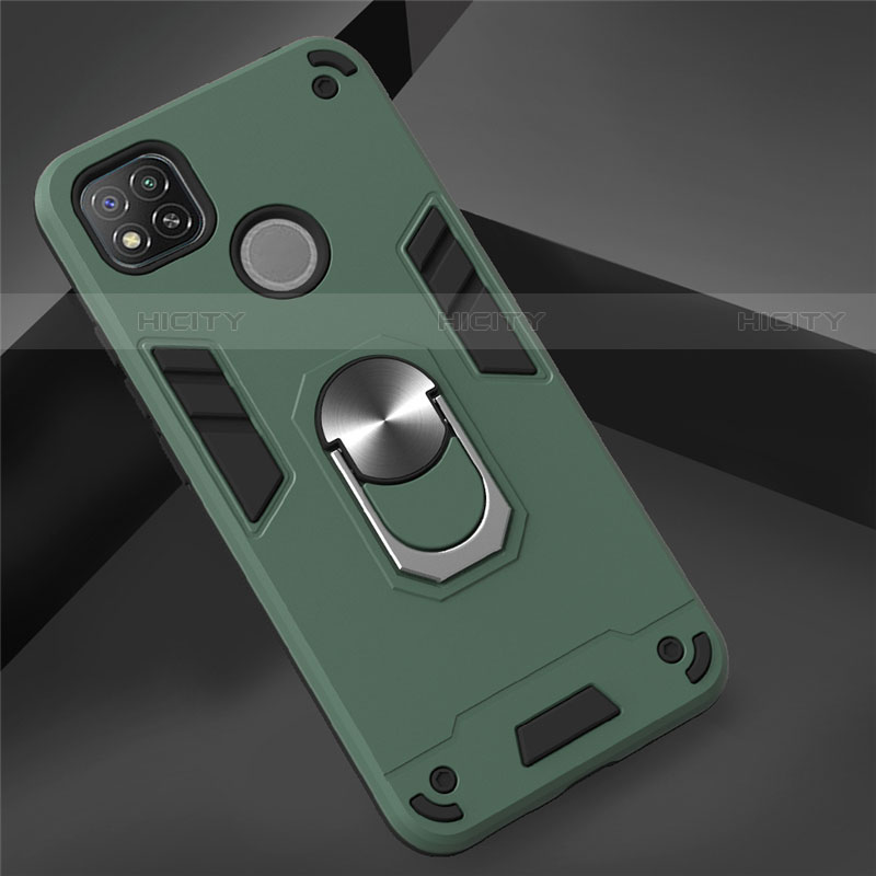 Funda Bumper Silicona y Plastico Mate Carcasa con Magnetico Anillo de dedo Soporte S01 para Xiaomi Redmi 9 India Verde Noche