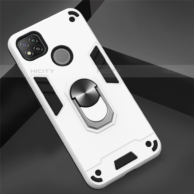 Funda Bumper Silicona y Plastico Mate Carcasa con Magnetico Anillo de dedo Soporte S01 para Xiaomi Redmi 9C Blanco