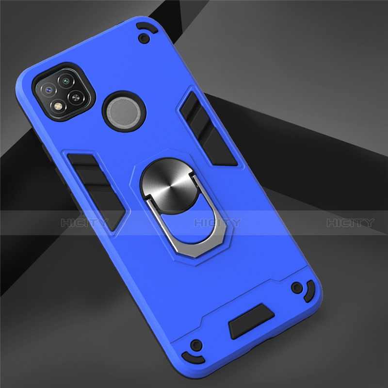 Funda Bumper Silicona y Plastico Mate Carcasa con Magnetico Anillo de dedo Soporte S01 para Xiaomi Redmi 9C NFC Azul