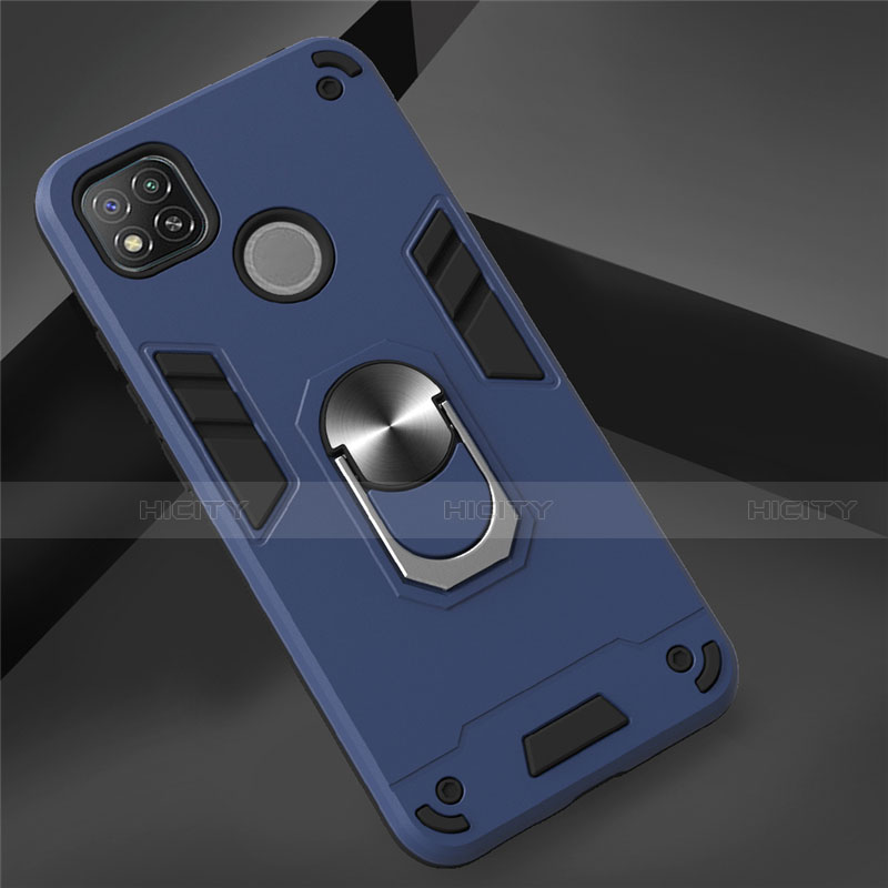 Funda Bumper Silicona y Plastico Mate Carcasa con Magnetico Anillo de dedo Soporte S01 para Xiaomi Redmi 9C NFC Azul Real