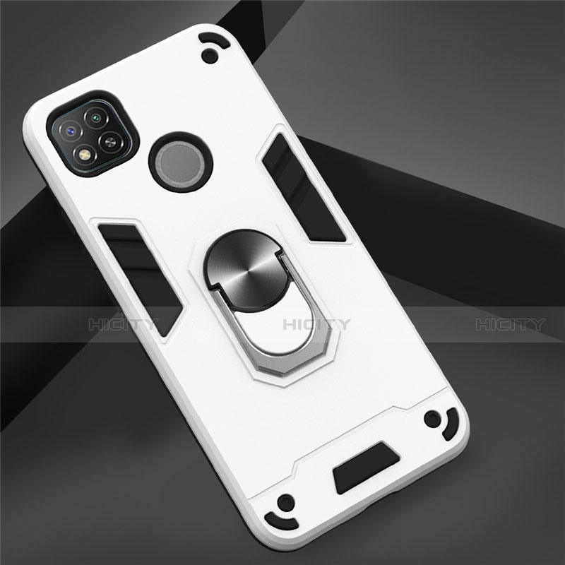 Funda Bumper Silicona y Plastico Mate Carcasa con Magnetico Anillo de dedo Soporte S01 para Xiaomi Redmi 9C NFC Blanco