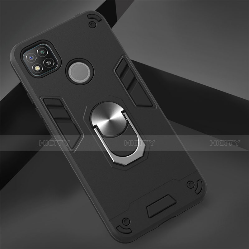 Funda Bumper Silicona y Plastico Mate Carcasa con Magnetico Anillo de dedo Soporte S01 para Xiaomi Redmi 9C NFC Negro