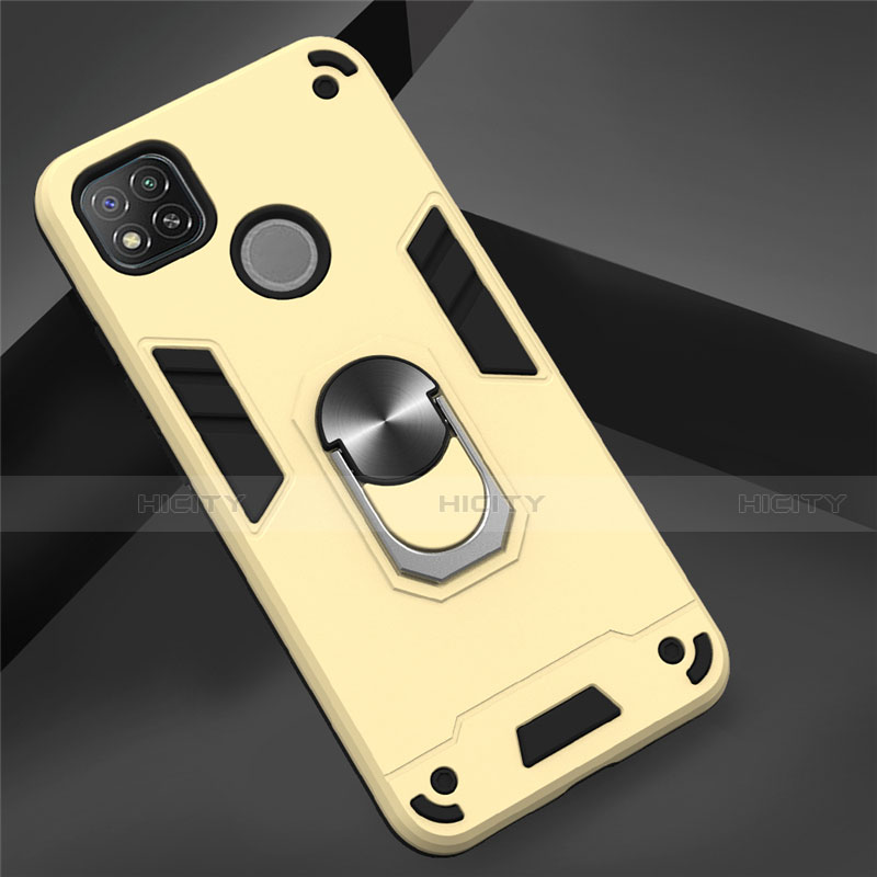 Funda Bumper Silicona y Plastico Mate Carcasa con Magnetico Anillo de dedo Soporte S01 para Xiaomi Redmi 9C NFC Oro