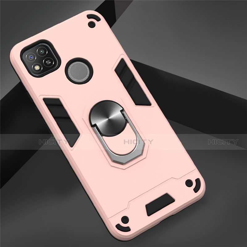 Funda Bumper Silicona y Plastico Mate Carcasa con Magnetico Anillo de dedo Soporte S01 para Xiaomi Redmi 9C NFC Oro Rosa