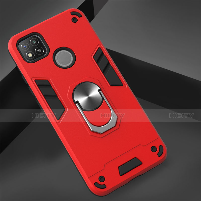 Funda Bumper Silicona y Plastico Mate Carcasa con Magnetico Anillo de dedo Soporte S01 para Xiaomi Redmi 9C NFC Rojo