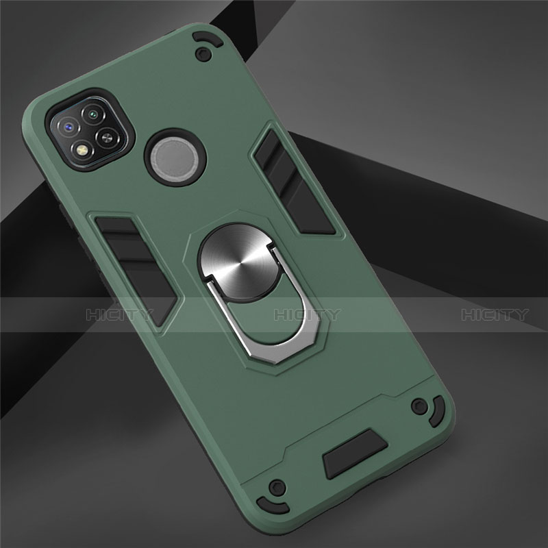 Funda Bumper Silicona y Plastico Mate Carcasa con Magnetico Anillo de dedo Soporte S01 para Xiaomi Redmi 9C NFC Verde Noche