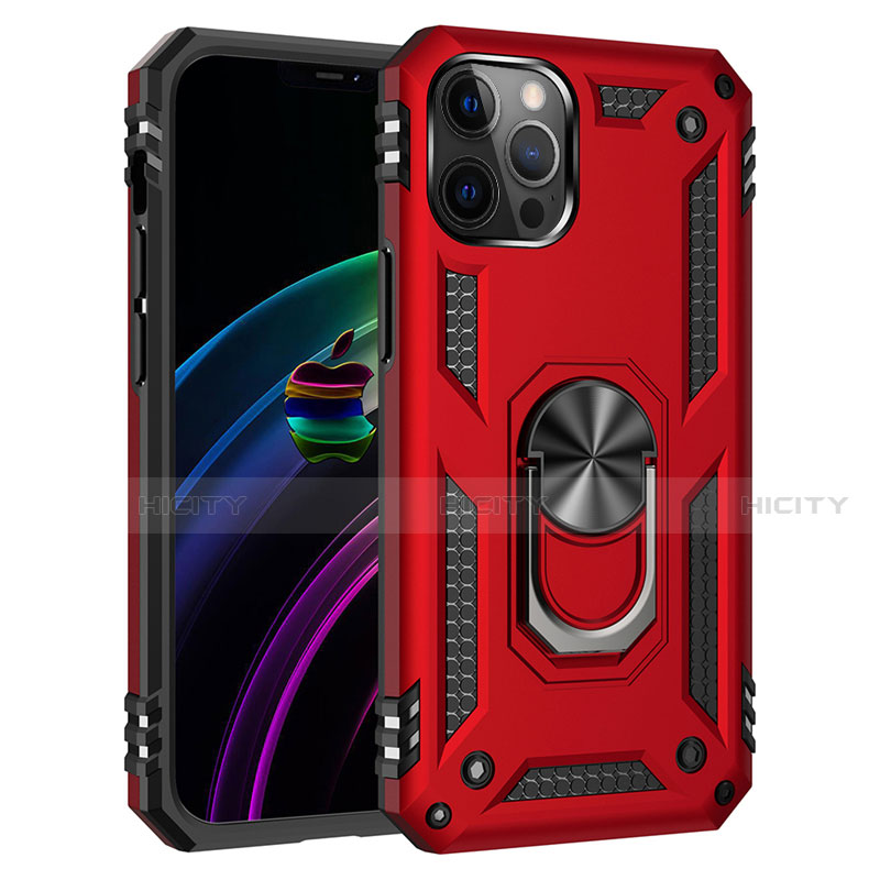 Funda Bumper Silicona y Plastico Mate Carcasa con Magnetico Anillo de dedo Soporte S02 para Apple iPhone 12 Pro Rojo