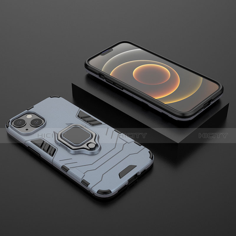 Funda Bumper Silicona y Plastico Mate Carcasa con Magnetico Anillo de dedo Soporte S02 para Apple iPhone 13 Mini Azul