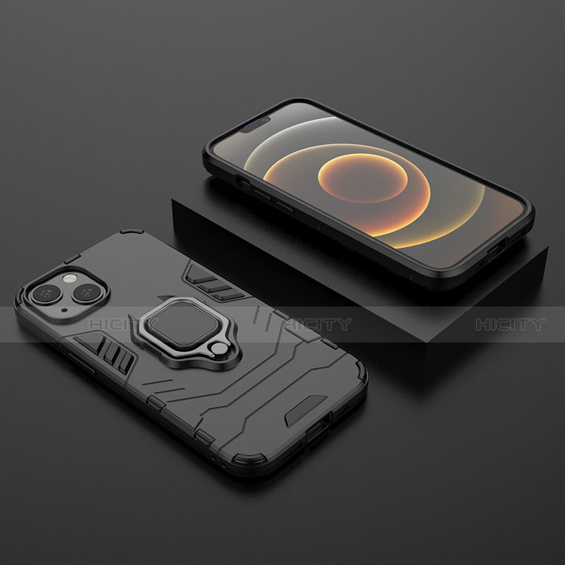 Funda Bumper Silicona y Plastico Mate Carcasa con Magnetico Anillo de dedo Soporte S02 para Apple iPhone 13 Mini Negro