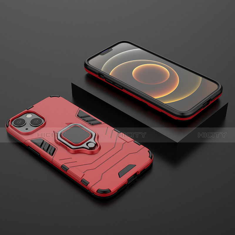 Funda Bumper Silicona y Plastico Mate Carcasa con Magnetico Anillo de dedo Soporte S02 para Apple iPhone 13 Rojo
