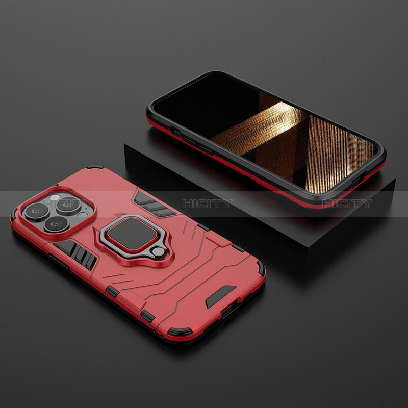 Funda Bumper Silicona y Plastico Mate Carcasa con Magnetico Anillo de dedo Soporte S02 para Apple iPhone 14 Pro Max Rojo