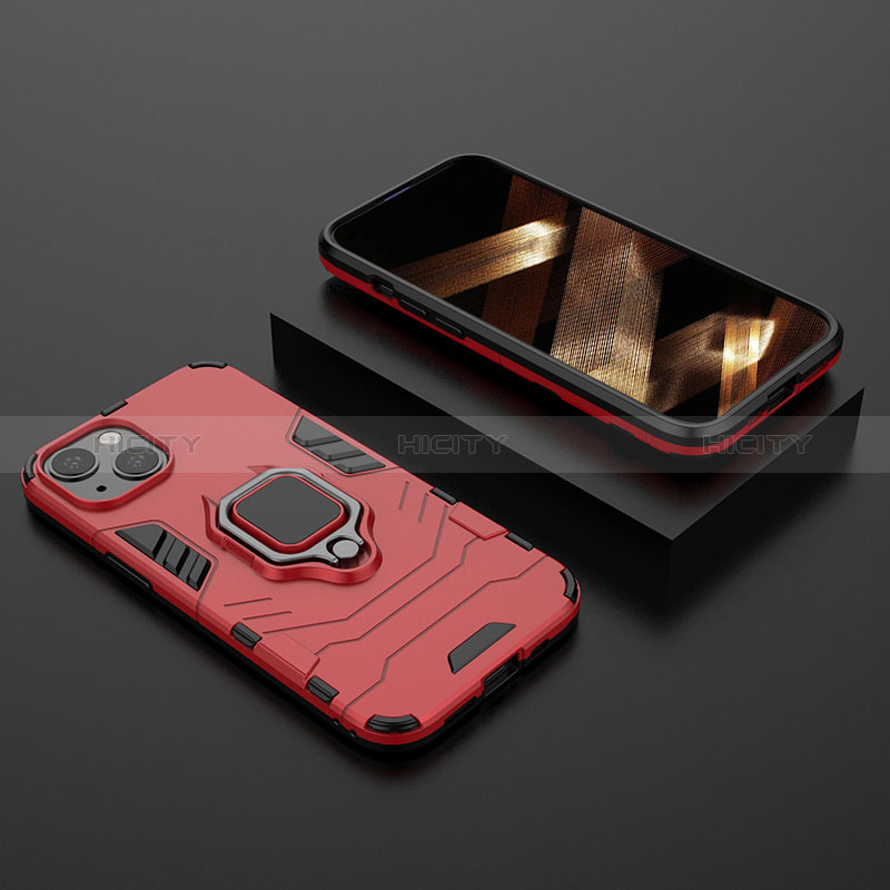 Funda Bumper Silicona y Plastico Mate Carcasa con Magnetico Anillo de dedo Soporte S02 para Apple iPhone 15 Plus Rojo