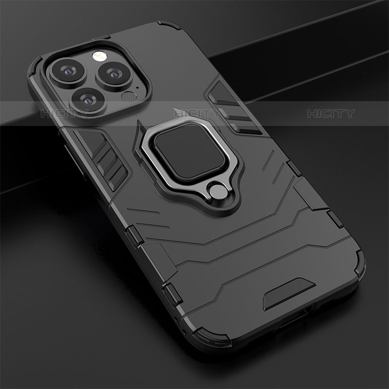 Funda Bumper Silicona y Plastico Mate Carcasa con Magnetico Anillo de dedo Soporte S02 para Apple iPhone 15 Pro Max