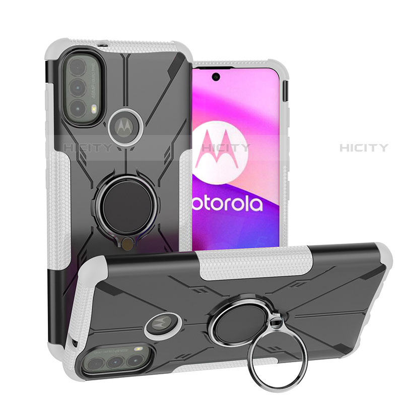 Funda Bumper Silicona y Plastico Mate Carcasa con Magnetico Anillo de dedo Soporte S02 para Motorola Moto E20 Blanco