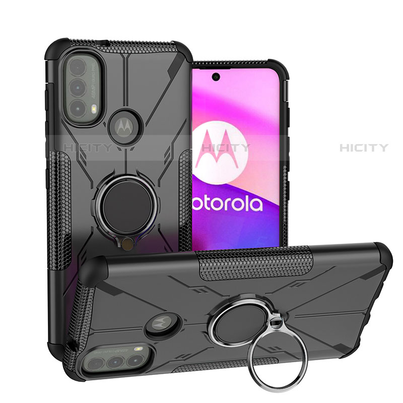 Funda Bumper Silicona y Plastico Mate Carcasa con Magnetico Anillo de dedo Soporte S02 para Motorola Moto E20 Negro