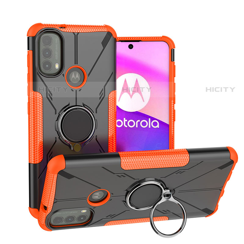 Funda Bumper Silicona y Plastico Mate Carcasa con Magnetico Anillo de dedo Soporte S02 para Motorola Moto E30 Naranja