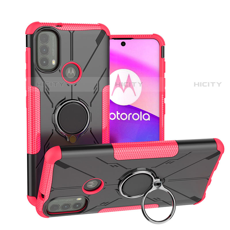 Funda Bumper Silicona y Plastico Mate Carcasa con Magnetico Anillo de dedo Soporte S02 para Motorola Moto E30 Rosa Roja