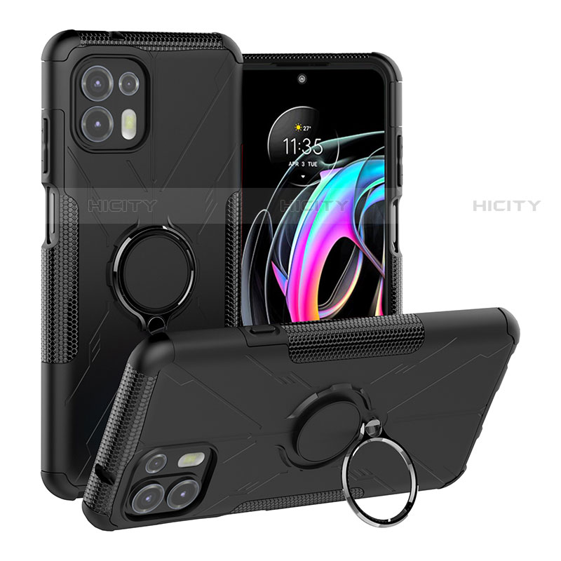 Funda Bumper Silicona y Plastico Mate Carcasa con Magnetico Anillo de dedo Soporte S02 para Motorola Moto Edge 20 Lite 5G Negro