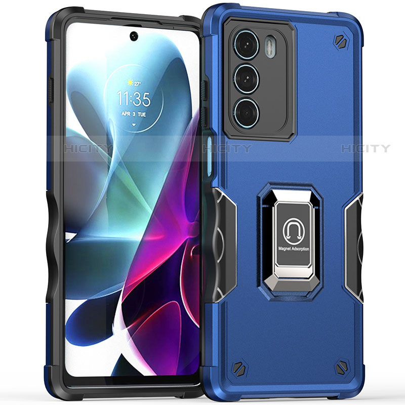 Funda Bumper Silicona y Plastico Mate Carcasa con Magnetico Anillo de dedo Soporte S02 para Motorola Moto Edge S30 5G Azul