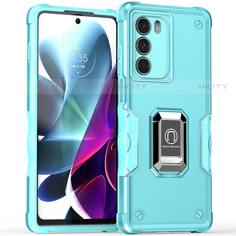 Funda Bumper Silicona y Plastico Mate Carcasa con Magnetico Anillo de dedo Soporte S02 para Motorola Moto Edge S30 5G Cian