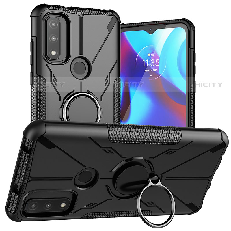 Funda Bumper Silicona y Plastico Mate Carcasa con Magnetico Anillo de dedo Soporte S02 para Motorola Moto G Pure Negro