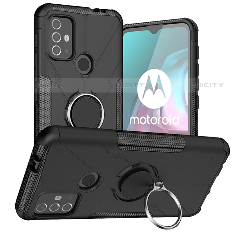 Funda Bumper Silicona y Plastico Mate Carcasa con Magnetico Anillo de dedo Soporte S02 para Motorola Moto G10 Negro