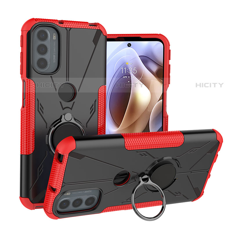 Funda Bumper Silicona y Plastico Mate Carcasa con Magnetico Anillo de dedo Soporte S02 para Motorola Moto G41 Rojo