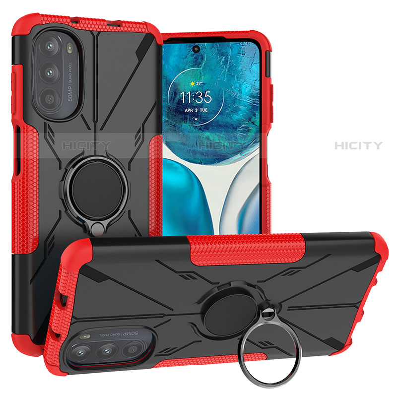 Funda Bumper Silicona y Plastico Mate Carcasa con Magnetico Anillo de dedo Soporte S02 para Motorola MOTO G52 Rojo