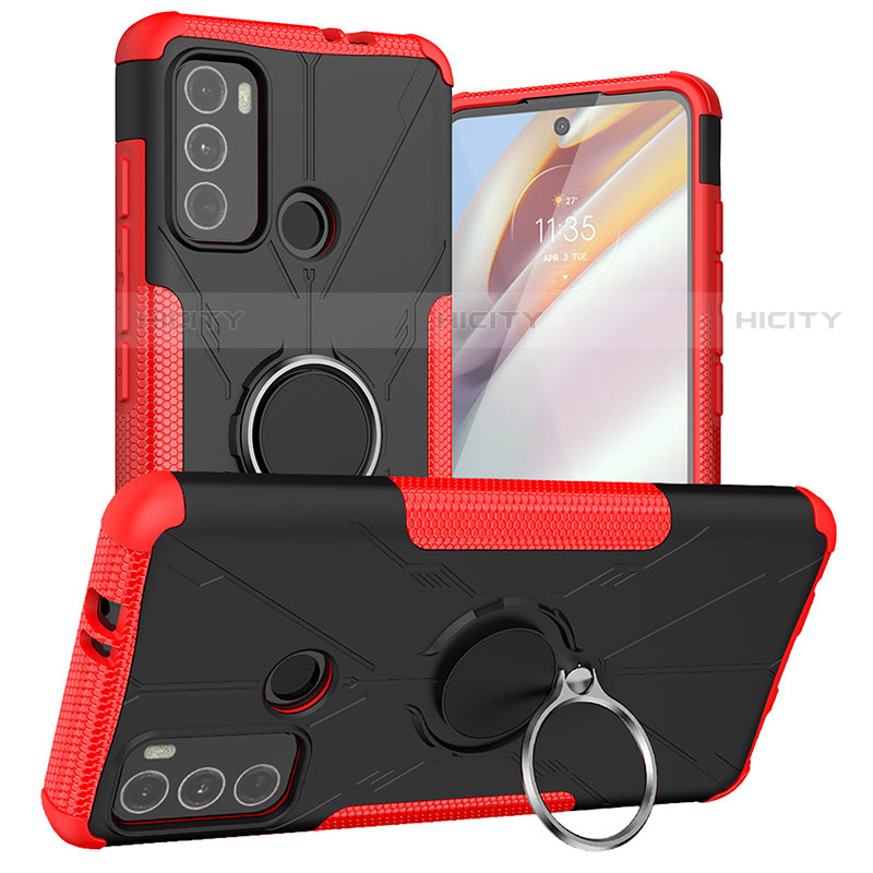 Funda Bumper Silicona y Plastico Mate Carcasa con Magnetico Anillo de dedo Soporte S02 para Motorola Moto G60 Rojo