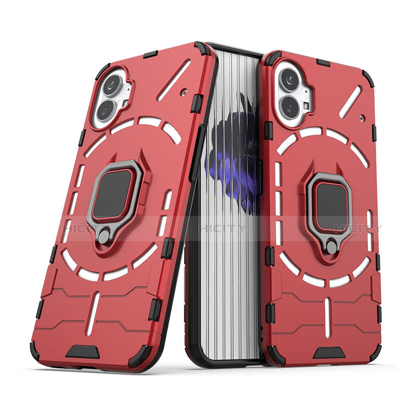 Funda Bumper Silicona y Plastico Mate Carcasa con Magnetico Anillo de dedo Soporte S02 para Nothing Phone 1 Rojo