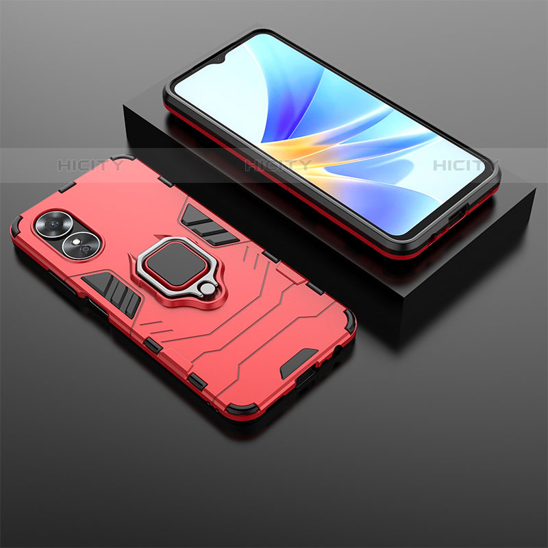 Funda Bumper Silicona y Plastico Mate Carcasa con Magnetico Anillo de dedo Soporte S02 para Oppo A17 Rojo