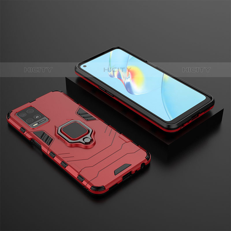 Funda Bumper Silicona y Plastico Mate Carcasa con Magnetico Anillo de dedo Soporte S02 para Oppo A54 4G Rojo