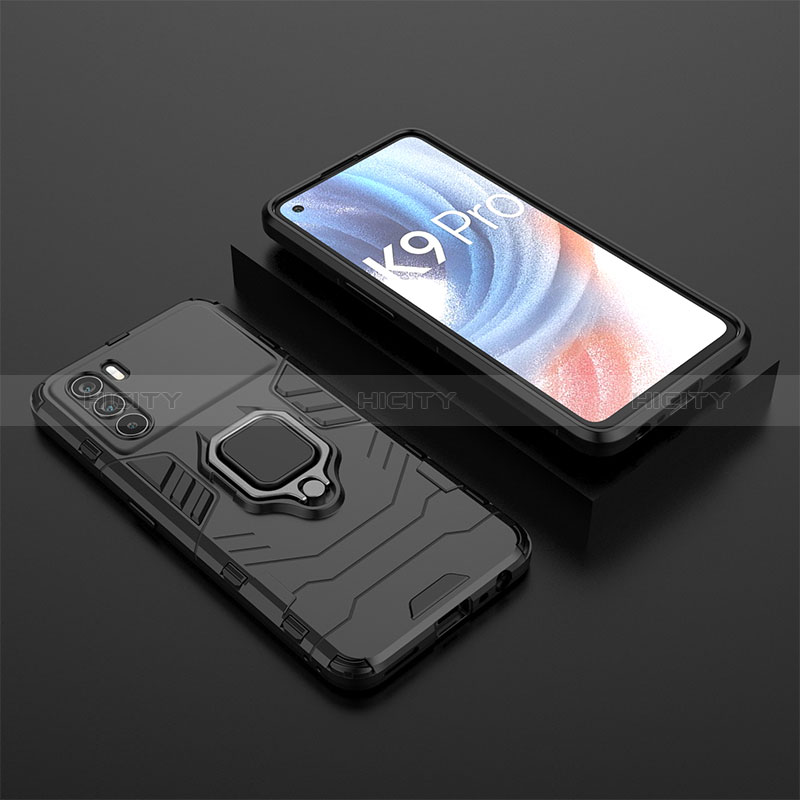 Funda Bumper Silicona y Plastico Mate Carcasa con Magnetico Anillo de dedo Soporte S02 para Oppo K9 Pro 5G Negro